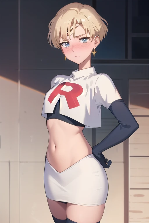 (best quality:1.1), (masterpiece:1.4), (absurdres:1.0),
1girl, sailor uranus, KizukiAi, mature woman, small breasts, aqua eyes, blonde hair, (blush:1.2), earrings,looking at viewer, team rocket,team rocket uniform,white skirt,red letter R,crop top,black thigh-highs,black elbow gloves