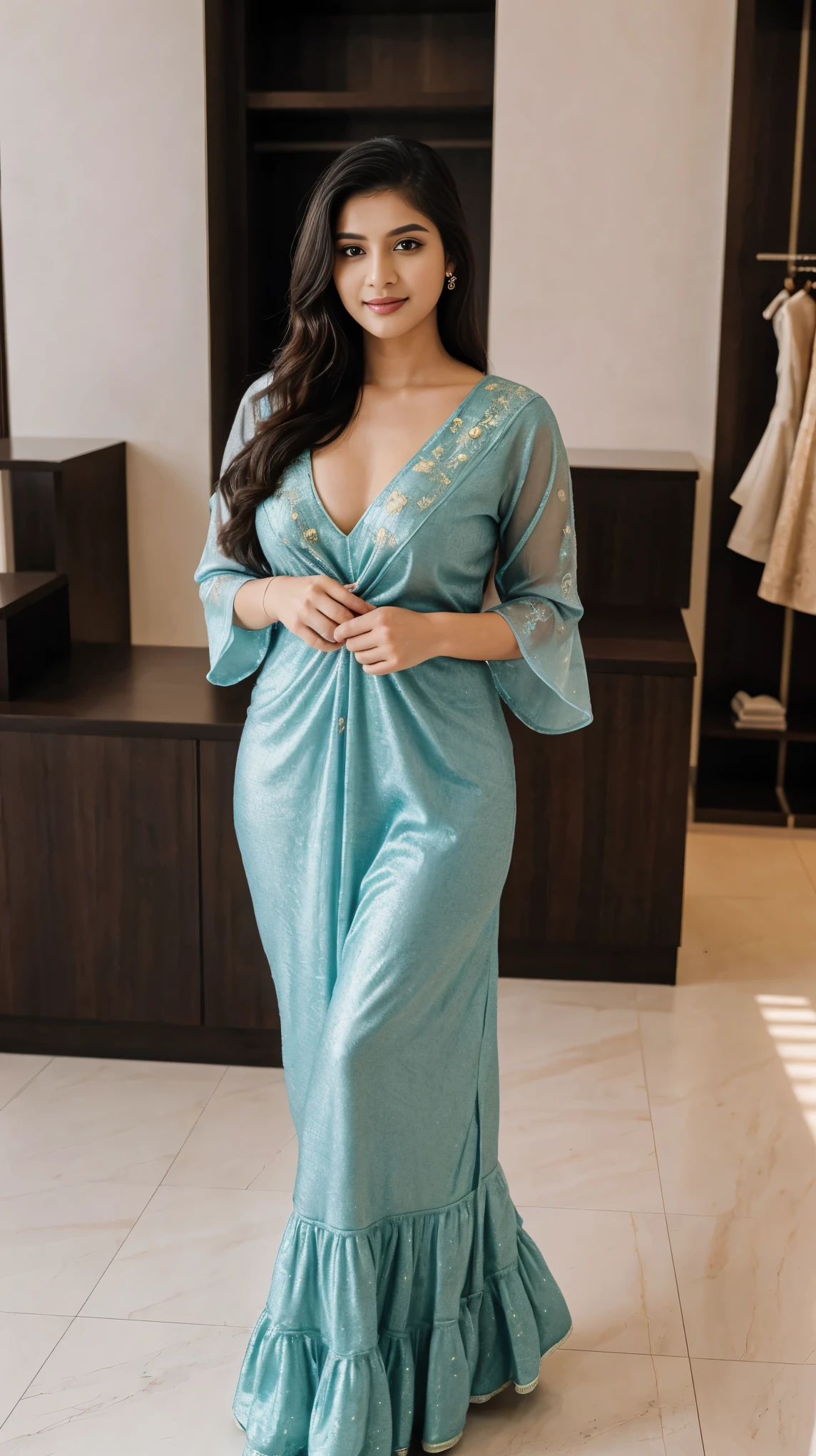 (gir in luxurious showroom, shopping mall, luxurious mall, luxurious place),
(((Full body shot:1.5))), (Indian babe), (wide standing position:0.8), (looking at viewers, front view shots), (masterpiece, hyper realistic, hyper detailed, photorealists:0.8), 1girl, 20 years old lady, 16k, FHD, UHD, high quality pictures, extremely detailed, candid brightness, candid shots, extreme detailed, colorful, highest detailed, (iconic picture shot, perfect brightness, perfect contrast, perfect colour), (pretty face, iconic face), (detailed face, detailed eye, detailed lips, detailed neck, ultra realistic face, ultra realistic eye, ultra realistic lips), (attractive hair style, detailed hair style), (sagging perky breasts, perfect rounded breasts, attractive breasts), (attractive body figure, perfect body figure, perfect figure, curvy_figure attractive, hourglass body), (beautiful High heels, fancy high heels:0.8), 
(beautiful girl in Indian outfits), 
(beautiful and aesthetic:1.2), 
((Fancy embroidery maxi, fancy ruffled maxi, beautiful flared maxi, long skinny sleeves, ruffled bottom maxi, dense flared maxi, luxurious fabric maxi)), , 