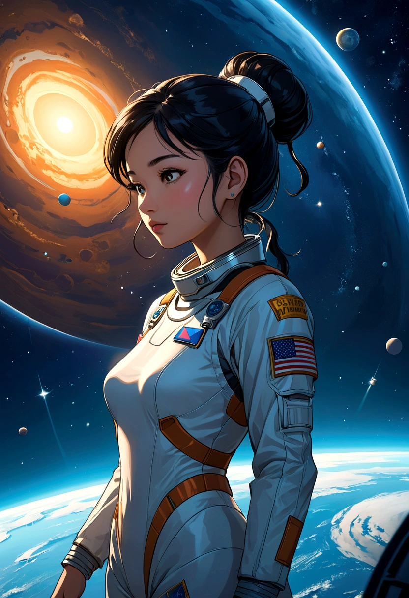 Name "Uranus 2324" A A captivating sci-fi anime illustration featuring the astronaut (Sarocha Chankimha), a beautiful Asian woman with long, dark hair tied in a bun, gazing, wistfully, at a distant space station in the midst with a starry background and the silhouette of Uranus and its wonderful rings. Around the station are several planets, creating a stunning view of the mysterious space universe. The astronaut suit has a retro-futuristic design that is reminiscent of classic science fiction movies and on her sleeve it has the NASA identification and the flag of Thailand and on her chest the nameplate with her name. The background is a mix of deep space and an underwater scene with a freediver (Rebeca P. Armstrong) swimming, highlighting the connection between the virtual and real worlds. The text "LOVE IS DEEPER THAN THE OCEAN. BIGGER THAN THE UNIVERSE." It is displayed in a bold and futuristic typography, highlighting the theme of adventure and exploration.
Below the image it reads "@SusyFandi" in a futuristic font.