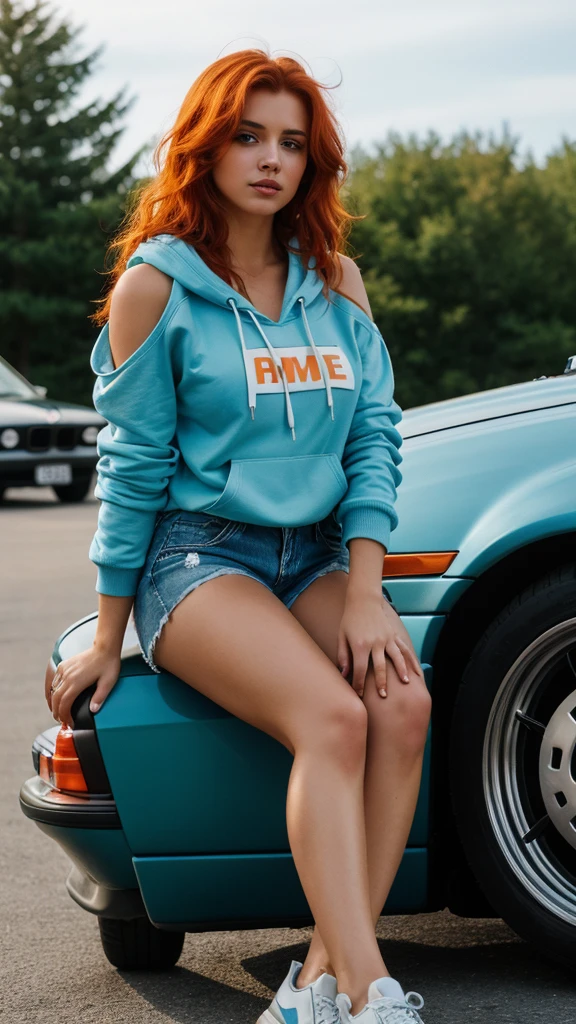 (((Masterpiece))), 25-year-old Caucasian French girl with shoulder-length messy red hair, adorned with an orange crystal glow, blooming hair akin to a royal . Captured in the best quality, this illustration serves as a 4K wallpaper, Dressed in a hoodie with a BMW logo, very short denim shorts, she sits in a parking lot, holding a bottle of car chemicals in her hand, it's night, behind her stands a BMW E36, she is leaning against a rim.