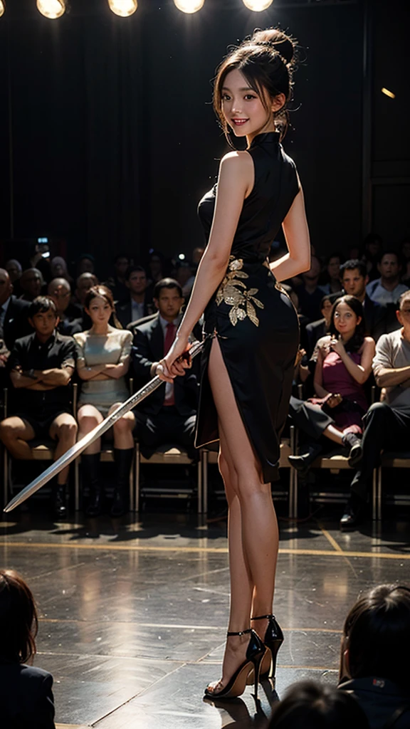 A girl wearing a black and gold short qipao,Wear a high ponytail,Close-up shot of woman in black high heels holding samurai sword for fighting,Full body close-up,Back to the audience,Smiling,Ruins Background