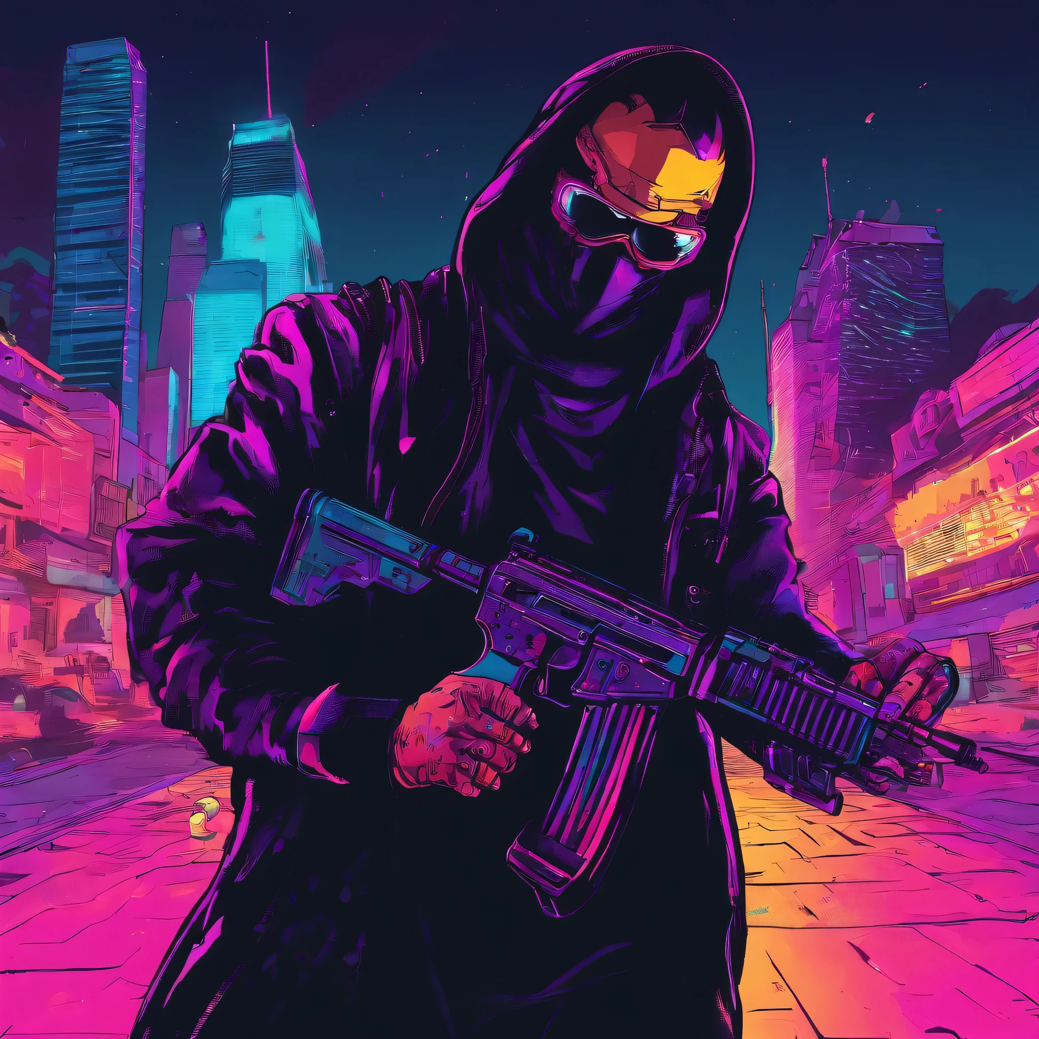 Man dressed all in black pointing to an AK47 in each hand to the camera with a black night background in the middle of the city at war, cena de guerra, retrato de alta qualidade, contra um fundo preto profundo, CSGO2, CSGO