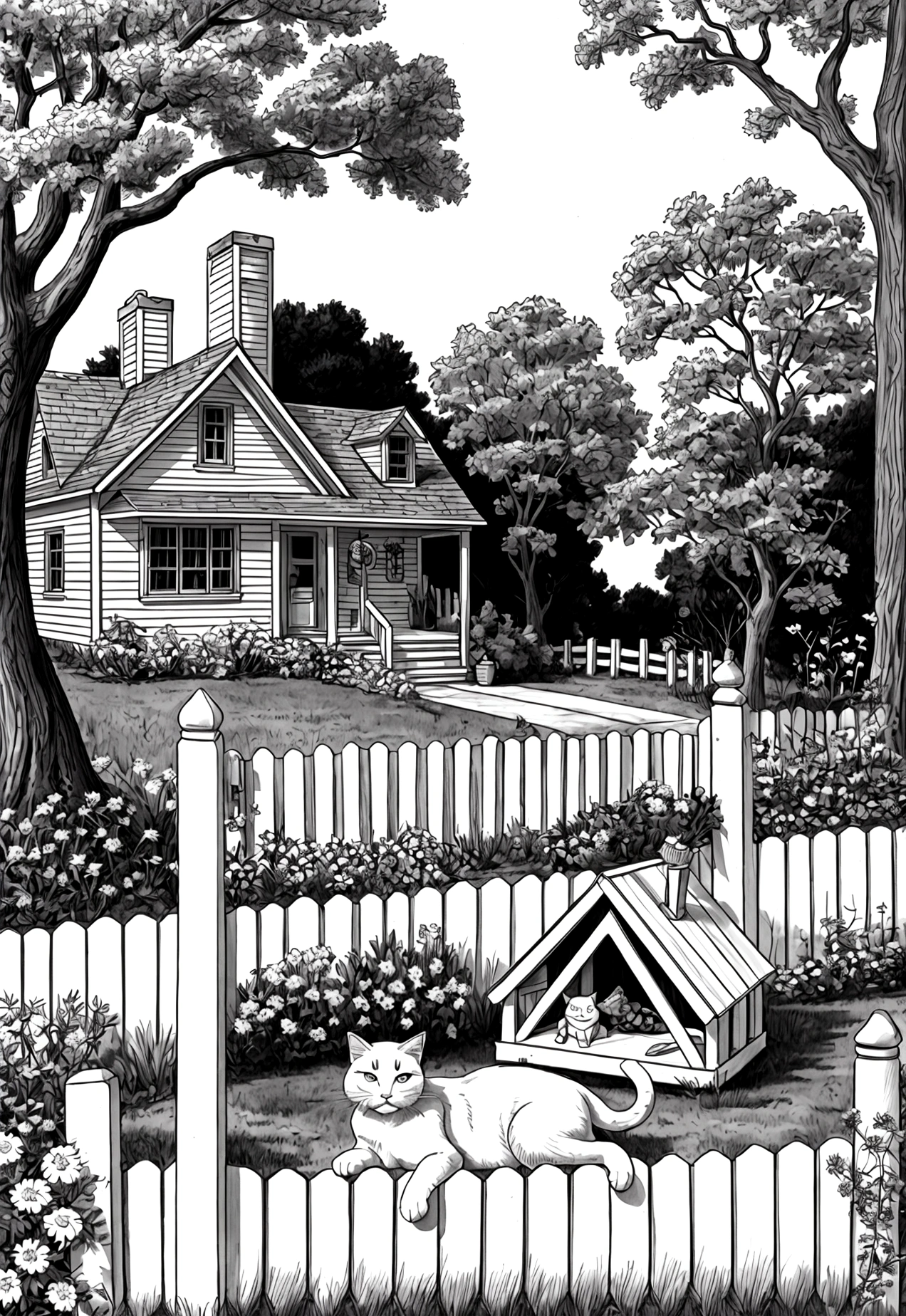 black and white, line art, cartoon character, 3d style, high-quality, coloring book, hand-draw, , Tranquil Farmhouse: A charming farmhouse with a picket fence, a large oak tree with a tire swing, flowers blooming in the garden, and a cat lounging on the porch.