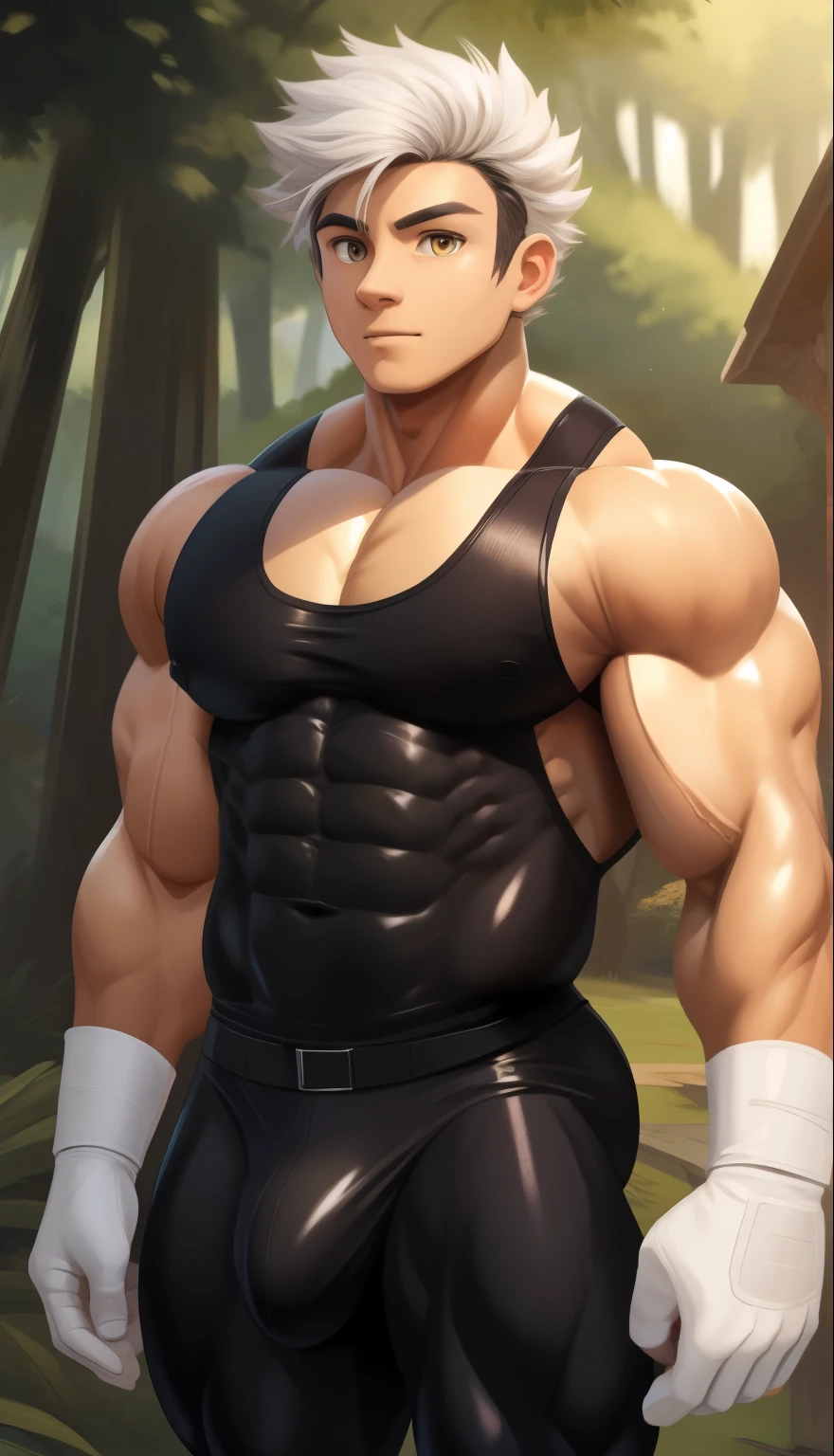 A ( face) 15 year old teen (15 yearsttractive boy, standing, full body. Mexican ethnicity. tanned skin, silver white hair, short hair bangs that fall on both sides of his youthful face. carefree expression, young man, alone, marked muscles, beautiful musculature, aesthetic stretch marks, inspiring physique, slender muscles, square pecs, beautiful V-cone, excellent abs and torso, chiseled abs, pectorals chiseled, perfect massive muscles, inflated muscles, voluminous pectorals, massive muscular body, a huge gigantic chest with a narrow waist, huge shoulders, ridiculously well-shaped large pecs, eight chiseled abs, (very toned and huge) with his military haircut and voluminous neck, narrow waist, golden eyes, young face, beautiful, young. Teen muscular young builder with extraordinary and firm back, chiseled muscles, rhomboid muscles, latissimus dorsi. Gigachad. he wears a Use Vegeta's training suit. A tight one-piece suit from the neck to the ankles, black in color, the suit has no sleeves, it does not use a belt. The black shirt and pants are a single piece of clothing, the shirt has a U neck, has no sleeves and highlights his prominent abdominals and pectorals. (((Sleeveless shirt))) He doesn't wear a belt. His muscles stand out. He wears white gloves on his hands, and white boots. Ruins of a Jedi temple with forest background. standing, full body. Bulge in the crotch. (((Back))) huge firm muscular thighs, round buttocks and round butt with back, huge ass ((firm buttocks)) with big booty. (((black clothes))) (((white gloves))) (((white boots))). (((Sleeveless shirt))).