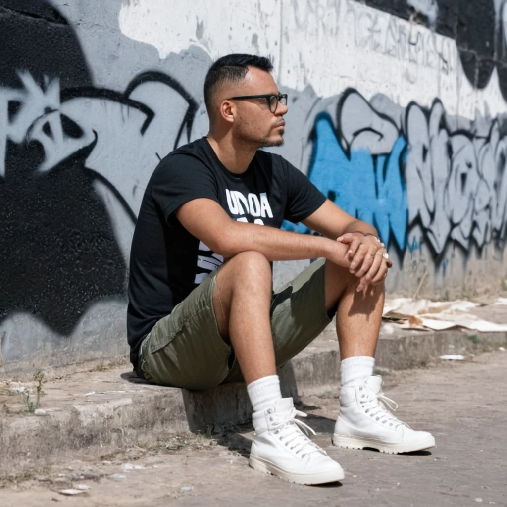 gutto2024abr, Full body close-up of A professional RAW photograph of a man with glasses and short, military-cut black hair. He is wearing a t-shirt, cargo shorts, high-top adventure boots, and white socks. The man is sitting on the ground, leaning against a graffiti-covered wall in ruins. The man is in black and white, while the wall is in color. He appears very sad and despondent. The lighting is dark and heavy, capturing intricate details of his skin. Ultra-realistic with ultra-detail, emphasizing the somber mood and the stark contrast between the man and his colorful, dilapidated surroundings.