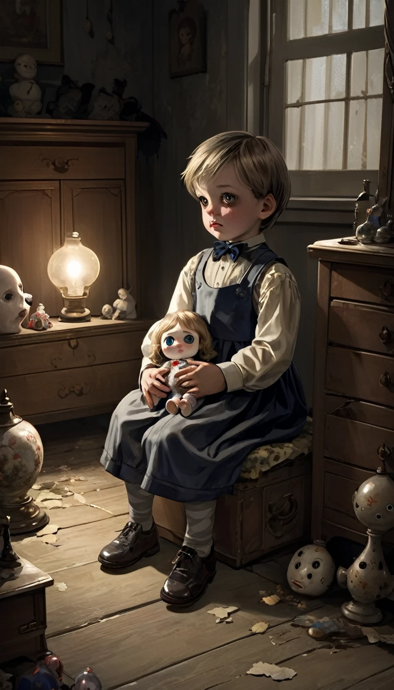 "A young boy with an innocent yet curious expression, sitting on the floor of a dimly lit room. He is holding a creepy, old doll with cracked porcelain skin and haunting, glassy eyes. The doll is dressed in a tattered, vintage dress, adding to its eerie appearance. The boy is surrounded by scattered toys and old, dusty furniture, with shadows creating an unsettling atmosphere. The room has peeling wallpaper and a single, flickering light bulb that casts eerie shadows. Despite the sinister nature of the doll, the boy seems oddly fascinated, completely absorbed in his play."