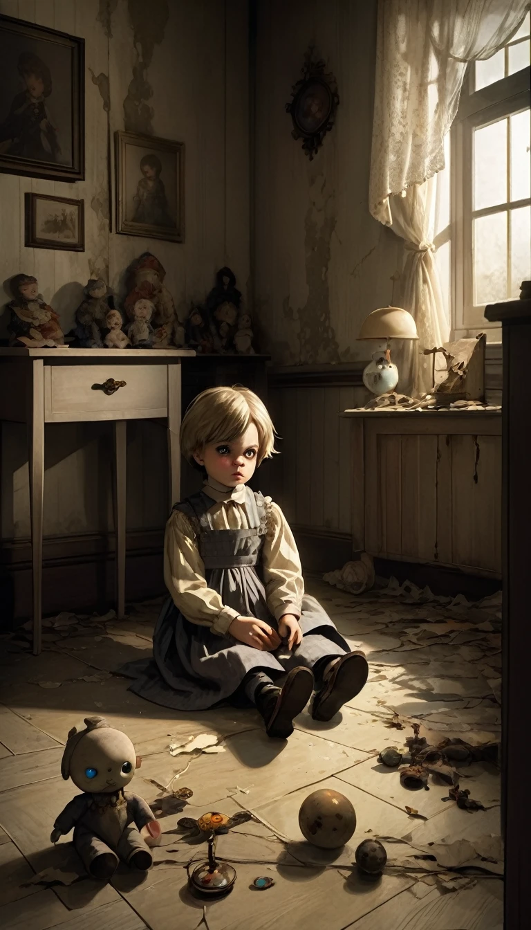 "A young boy with an innocent yet curious expression, sitting on the floor of a dimly lit room. He is holding a creepy, old doll with cracked porcelain skin and haunting, glassy eyes. The doll is dressed in a tattered, vintage dress, adding to its eerie appearance. The boy is surrounded by scattered toys and old, dusty furniture, with shadows creating an unsettling atmosphere. The room has peeling wallpaper and a single, flickering light bulb that casts eerie shadows. Despite the sinister nature of the doll, the boy seems oddly fascinated, completely absorbed in his play."