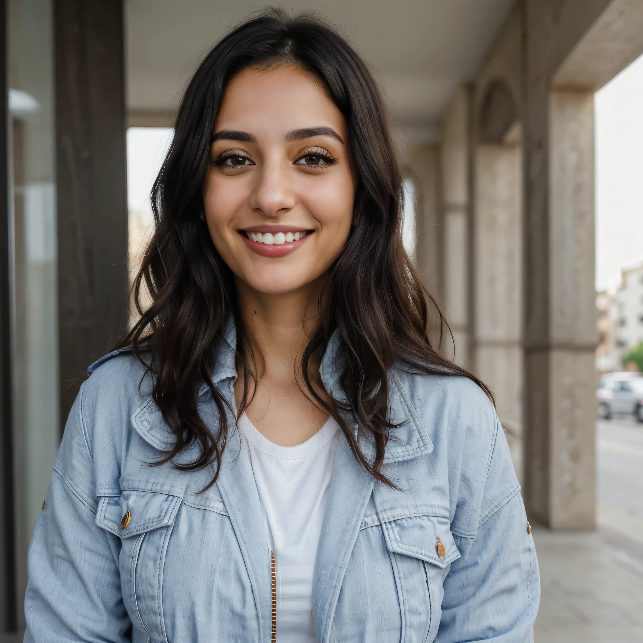 one cute women, 29YO, white, Arab, cute face, realistic brown eyes, blue jacket, black hair, cute smile, skinny face, white realistic teethes, big eyes, short wavy hair
