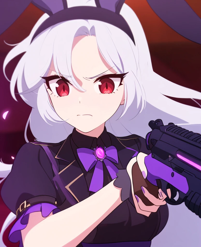Make me a RWBY OC. She is a bunny faunus girl. Her weapon being these purple machine guns. She's shy and quiet, but gets angry and hot-blooded in battle. She has long white hair and red eyes. Draw in RWBY Ice Queendom artstyle. She wears a dark and purple steampunk yet royal and formal like outfit. Give her an almost anxious or scared face. Shooting her gun.