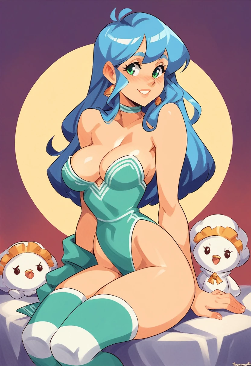 a beautiful girl with long soft blue hair, porcelain white skin, fine and delicate features like a doll and aqua green eyes
She has a very detonating body, large breasts, small waist, large and squeezable thighs, and long, thin, milky-colored legs.