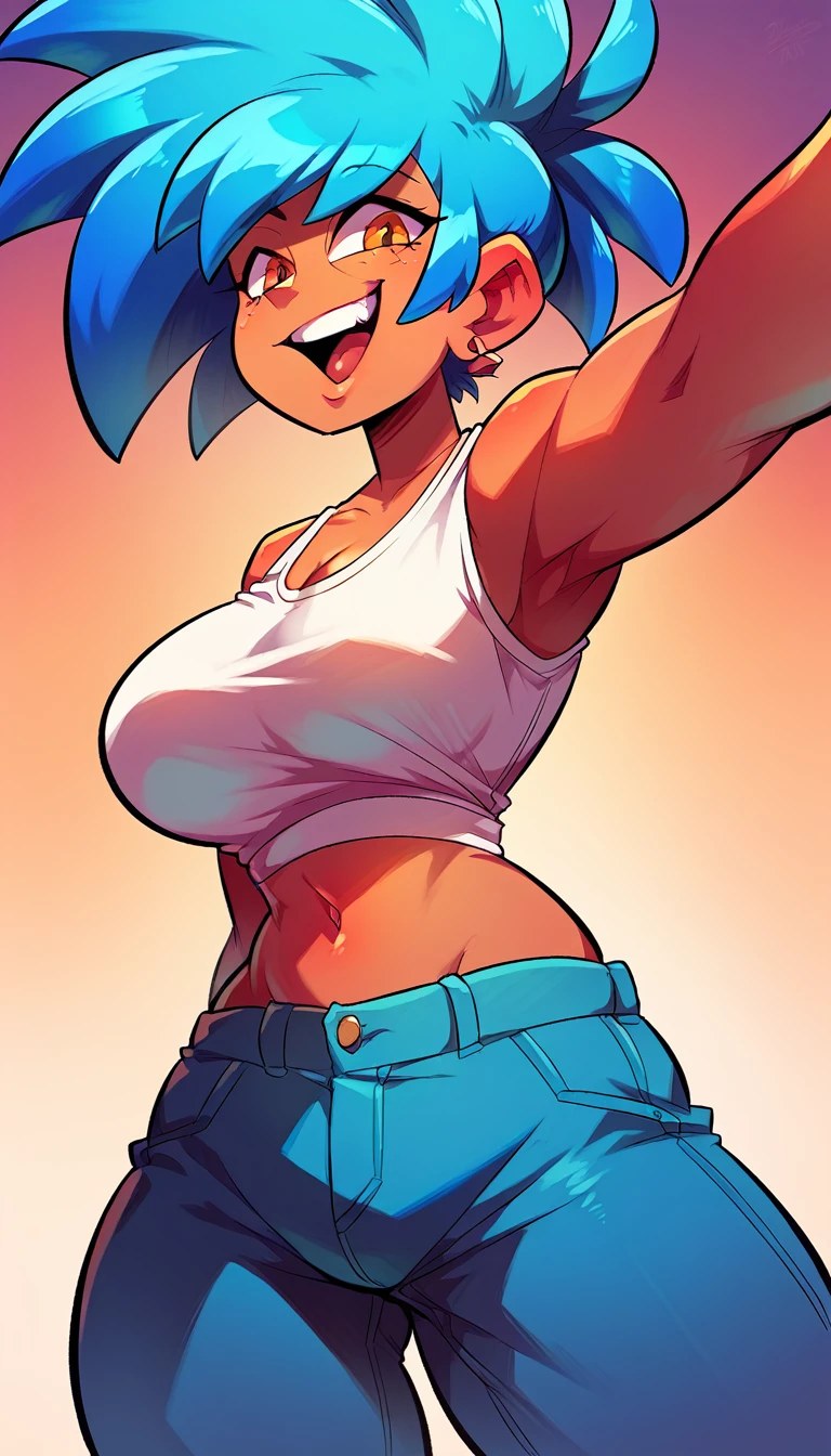 A tall woman, sexy, big breast, beautiful, happy, confident, affectionate, with short bright blue hair and orange eyes, wearing a white sleeveless button-down shirt, showing her navel and dark blue pants underneath, and wearing a red kitten heel.