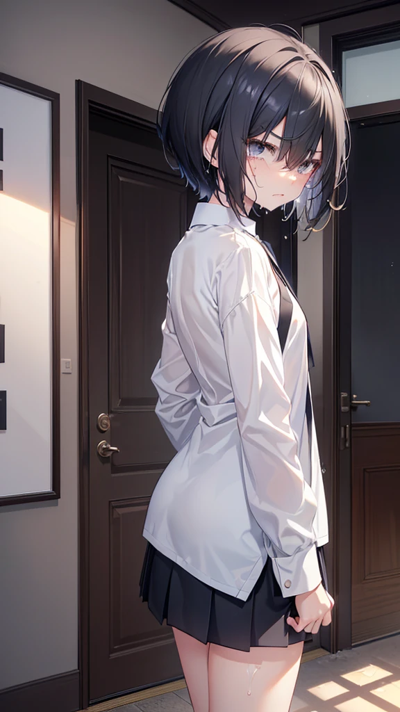 highest quality、High resolution、masterpiece、((Entrance of the house、back shot、back view、White shirt、Grey mini skirt、Overlooking、Short Hair))、(bukkake:1.5、com on body)、hair volume down，Are thin、nsfw，((cum on body:1.2))、slim body，Slender、junior high school student:1.2、sad、very short hair:1.2、((Thin thighs、Thin legs、cum on body，Bukkake、))、、Zoom in、Zoom in、boyish:1.5、Black Hair、Grey Eyes、(from above:1.3)、Steam throughout:1.3、((crying、、saliva:1.2))、(pain、Frowning)、((とてもboyish:1.2)、Very small breasts)、(Lolita、younger sister)、Straight Hair:1.3、15 years old、((Angry:1.3、Glare:1.3、))、small breasts:1.2、nsfw