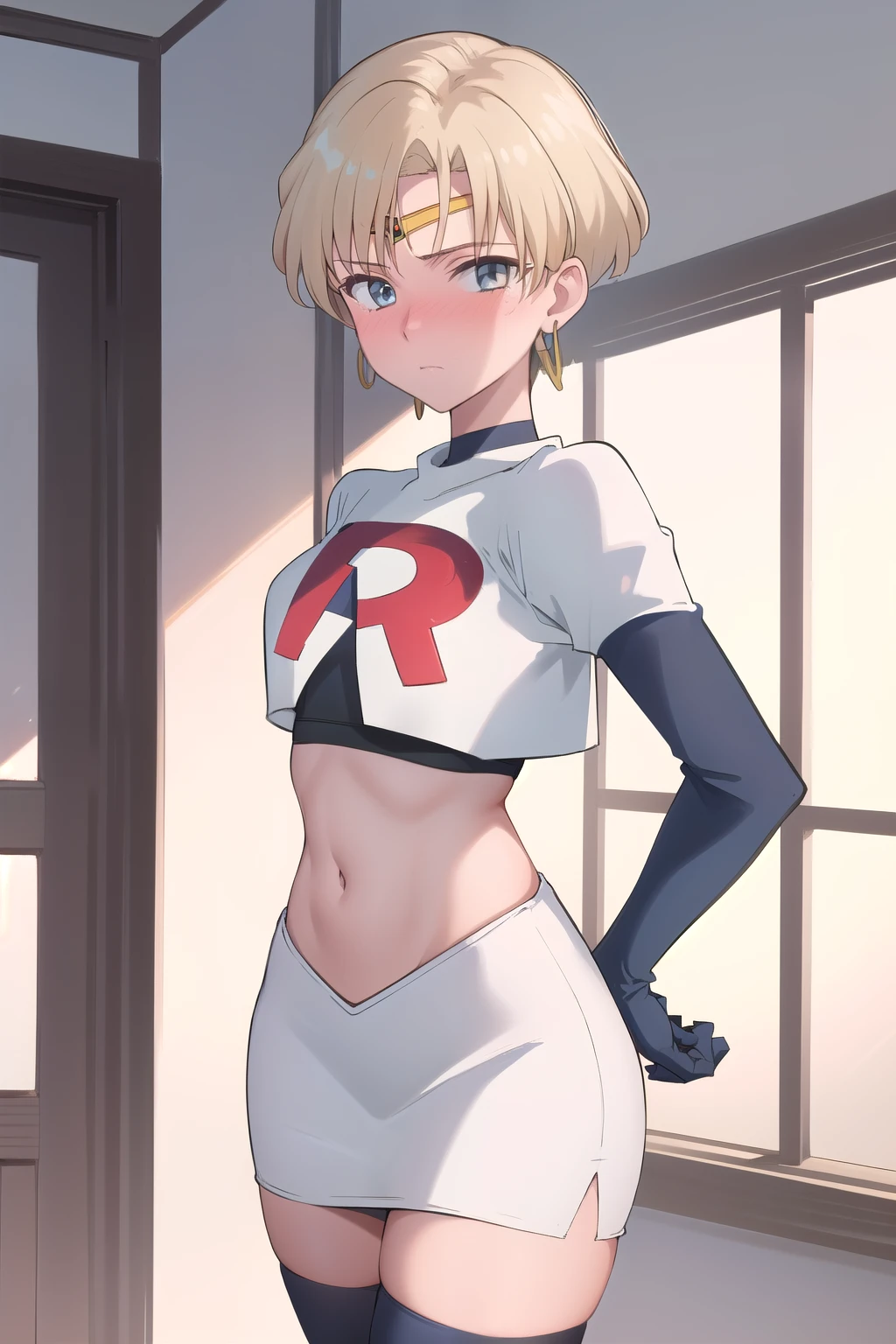 (best quality:1.1), (masterpiece:1.4), (absurdres:1.0),
1girl, sailor uranus, KizukiAi, mature woman, small breasts, aqua eyes, blonde hair, (blush:1.2), earrings,looking at viewer, team rocket,team rocket uniform,white skirt,red letter R,crop top,black thigh-highs,black elbow gloves