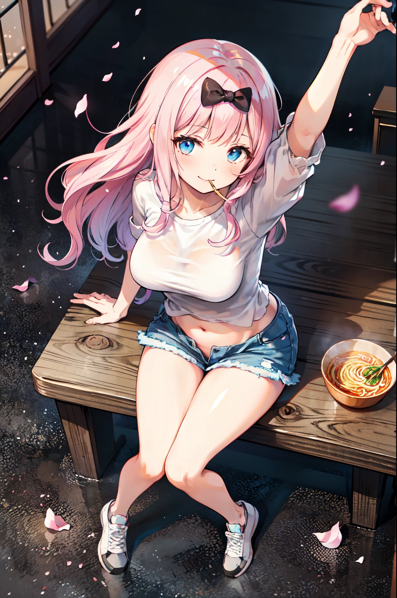 realistic image, detailed image, coherent image, 1 beautiful girl, she has very long hair, she has a black bow in her square bangs, pink hair, light blue eyes, smiling, winking, she is wearing a loose blouse, showing navel, mini jean shorts, sneakers, She has a curvy body, big breasts and thick thighs, She is sitting eating a bowl of ramen, sitting sensually, showing her legs, arching her back, surrounded by falling flower petals around, inside a restaurant, full body view, view from above, sunset, twilight, Soft focus, Dramatic shadows, Volumetric lighting, natural lighting,chika fujiwara