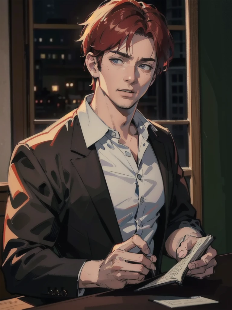 a 40 year old man ((red short hair:1.0)), grey eyes, moles all over the face, wearing an official uniform, masculinity, teacher, (best quality,4k,8k,highres,masterpiece:1.2),ultra-detailed,(realistic,photorealistic,photo-realistic:1.37),cinematic lighting,highly detailed face and body,sharp focus,vivid colors,anime style