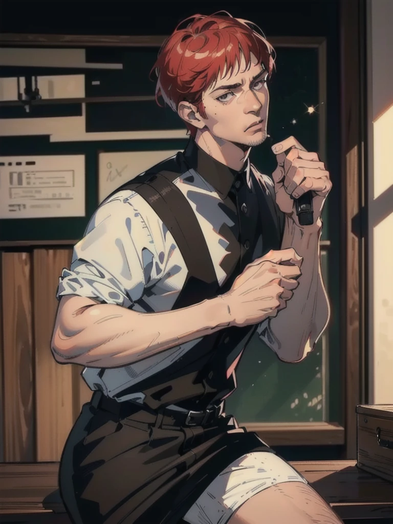 a 40 year old man ((red short hair:1.0)), grey eyes, moles all over the face, wearing an official uniform, masculinity, teacher, (best quality,4k,8k,highres,masterpiece:1.2),ultra-detailed,(realistic,photorealistic,photo-realistic:1.37),cinematic lighting,highly detailed face and body,sharp focus,vivid colors,anime style