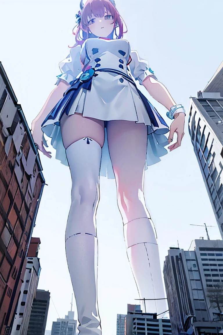 Girl taller than the building,from below, round and large eyes、tallgts,giantess,Full body photo,BuildingSeat, white uniform,Big breasts,pencil skirts,,white boots,cleveage of the breast、a miniskirt、Modern miniature buildings、top-quality、Watercolor style、stomping
