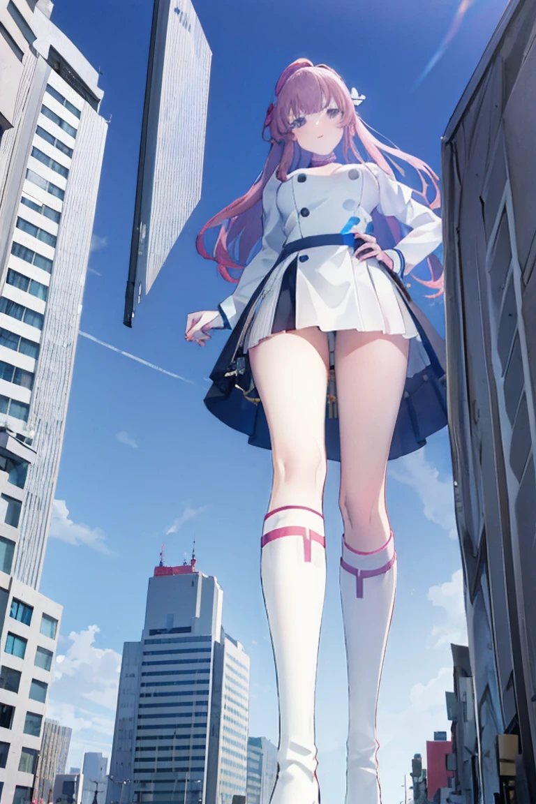 Girl taller than the building,from below, round and large eyes、tallgts,giantess,Full body photo,BuildingSeat, white uniform,Big breasts,pencil skirts,,white boots,cleveage of the breast、a miniskirt、Modern miniature buildings、top-quality、Watercolor style、stomping
