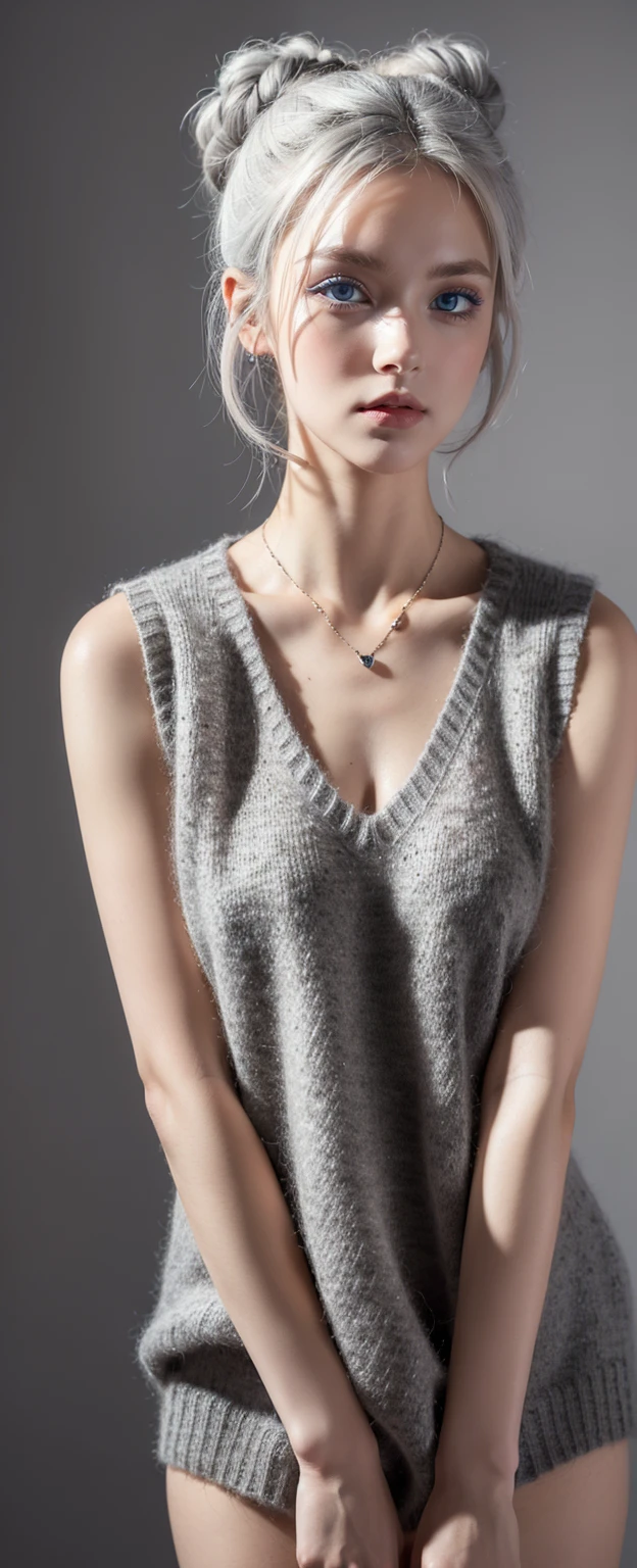 ((best quality)), ((masterpiece)), ((best quality)), ((masterpiece)), ((detailed)), Ridiculous resolution, high resolution, (masterpiece:1.4), Hyper-detailing, a young european woman. Necklace. ((Sleeveless wool v-neck dark grey sweater)). Blank background. Standing. ((White hair)). She has a bun in her hair. Standing. ((Dark grey eyes)). Freckles. Red lipstick