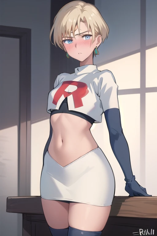 (best quality:1.1), (masterpiece:1.4), (absurdres:1.0),
1girl, sailor uranus, KizukiAi, mature woman, small breasts, aqua eyes, blonde hair, (blush:1.2), earrings,looking at viewer, team rocket,team rocket uniform,white skirt,red letter R,crop top,black thigh-highs,black elbow gloves
 