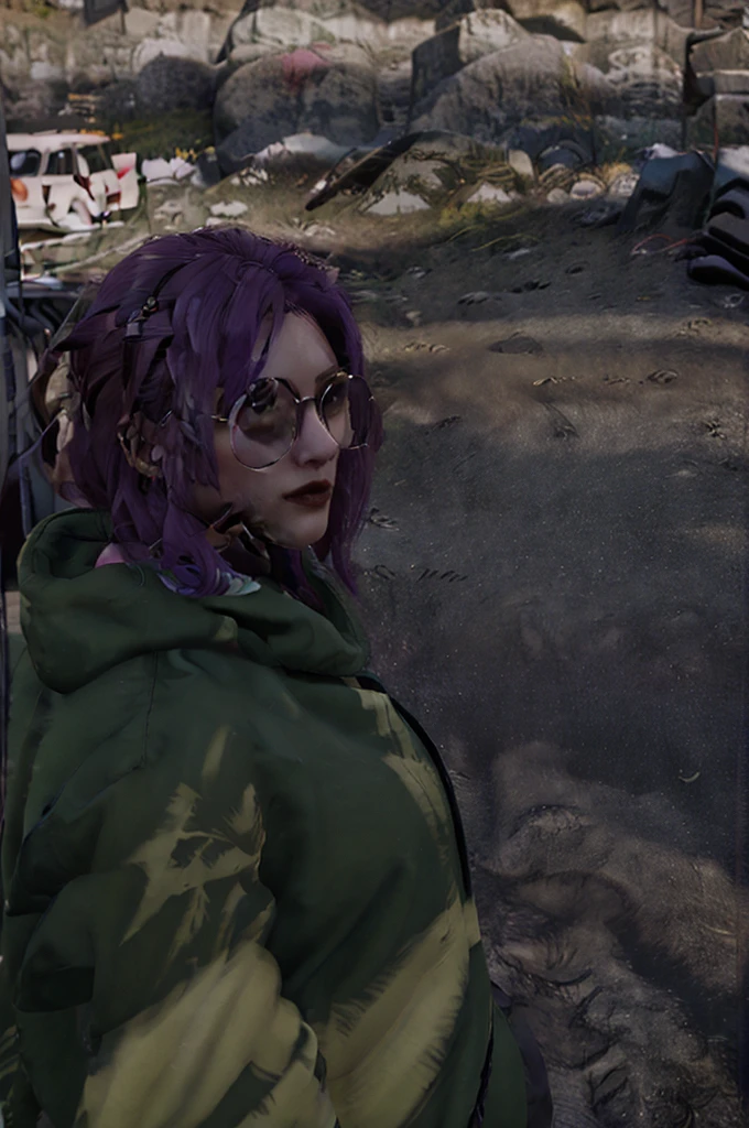 1girl, purple hair, green coat, black jeans, mountain in background, wearing glasses, beautiful masterpiece, perfection, side-view pov