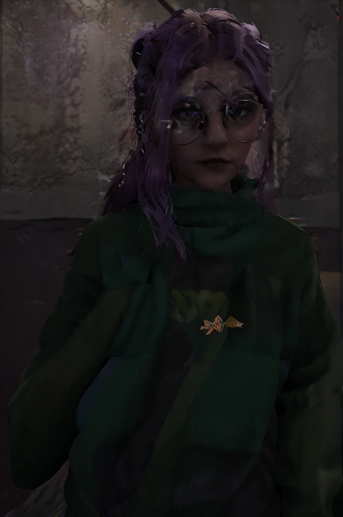 1girl, purple hair, green coat, black jeans, mountain in background, wearing glasses, beautiful masterpiece, perfection, side-view pov