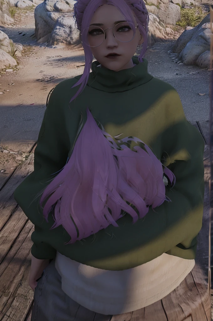 1girl, purple hair, green coat, black jeans, mountain in background, wearing glasses, beautiful masterpiece, perfection, side-view pov