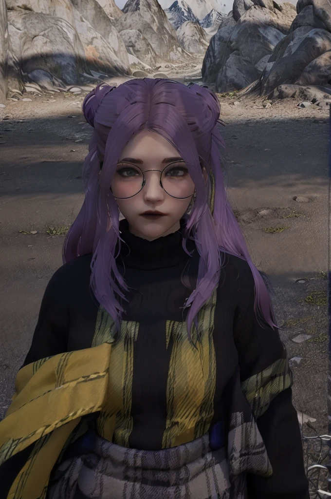 1girl, purple hair, green coat, black jeans, mountain in background, wearing glasses, beautiful masterpiece, perfection, side-view pov