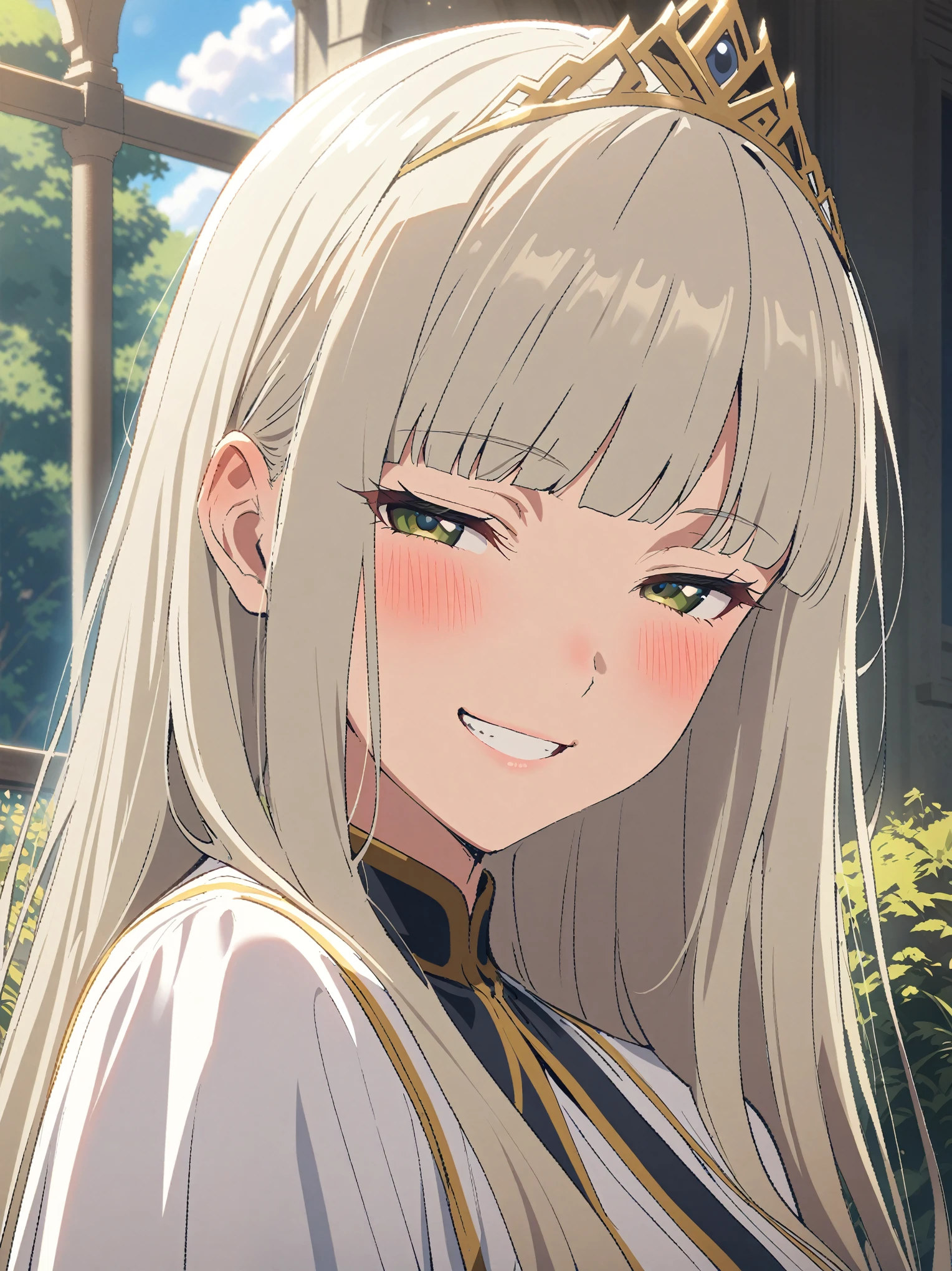 {{portrait, face focus}} {{Artist: Sincos}} 1 woman, solo, mature female, elegant, princess, medium breasts, platinum blonde hair, long hair, straight hair, hime cut, green eyes, white dress, gold trim, tiara, looking at viewer, blush, bright smile, teeth, half-closed eyes, outdoors, garden, palace, sunny, window.
