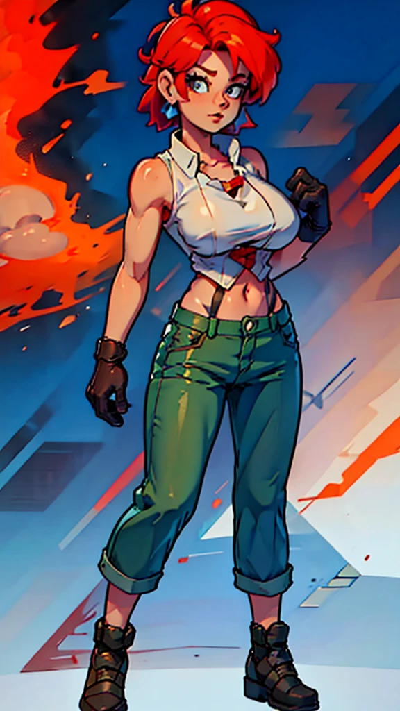 A tall woman, sexy, big breast, beautiful, happy, short bright blue hair, orange eyes, wearing a white sleeveless button-down shirt, showing her navel, and dark blue pants underneath, wearing a red kitten heel.