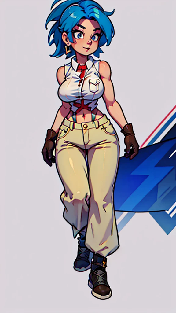 A tall woman, sexy, big breast, beautiful, happy, short bright blue hair, orange eyes, wearing a white sleeveless button-down shirt, showing her navel, and dark blue pants underneath, wearing a red kitten heel.