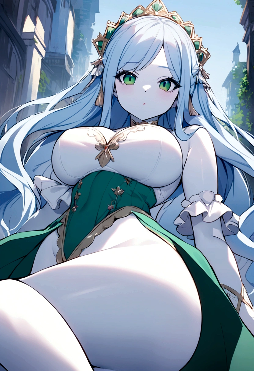 a beautiful girl with long soft blue hair, porcelain white skin, fine and delicate features like a doll and aqua green eyes
She has a very detonating body, large breasts, small waist, large and squeezable thighs, and long, thin, milky-colored legs.