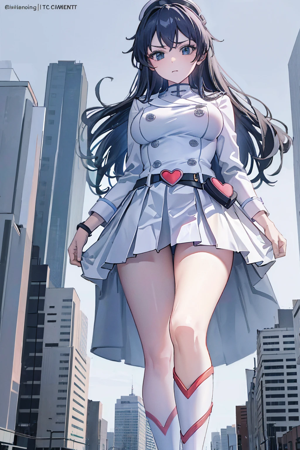 Girl taller than the building，from below, round and large eyes、tallgts,giantess，Full body photo，BuildingSeat, white uniform，Big breasts，pencil skirts，，white boots，cleveage of the breast、a miniskirt、Modern miniature buildings、top-quality、Watercolor style、stomping