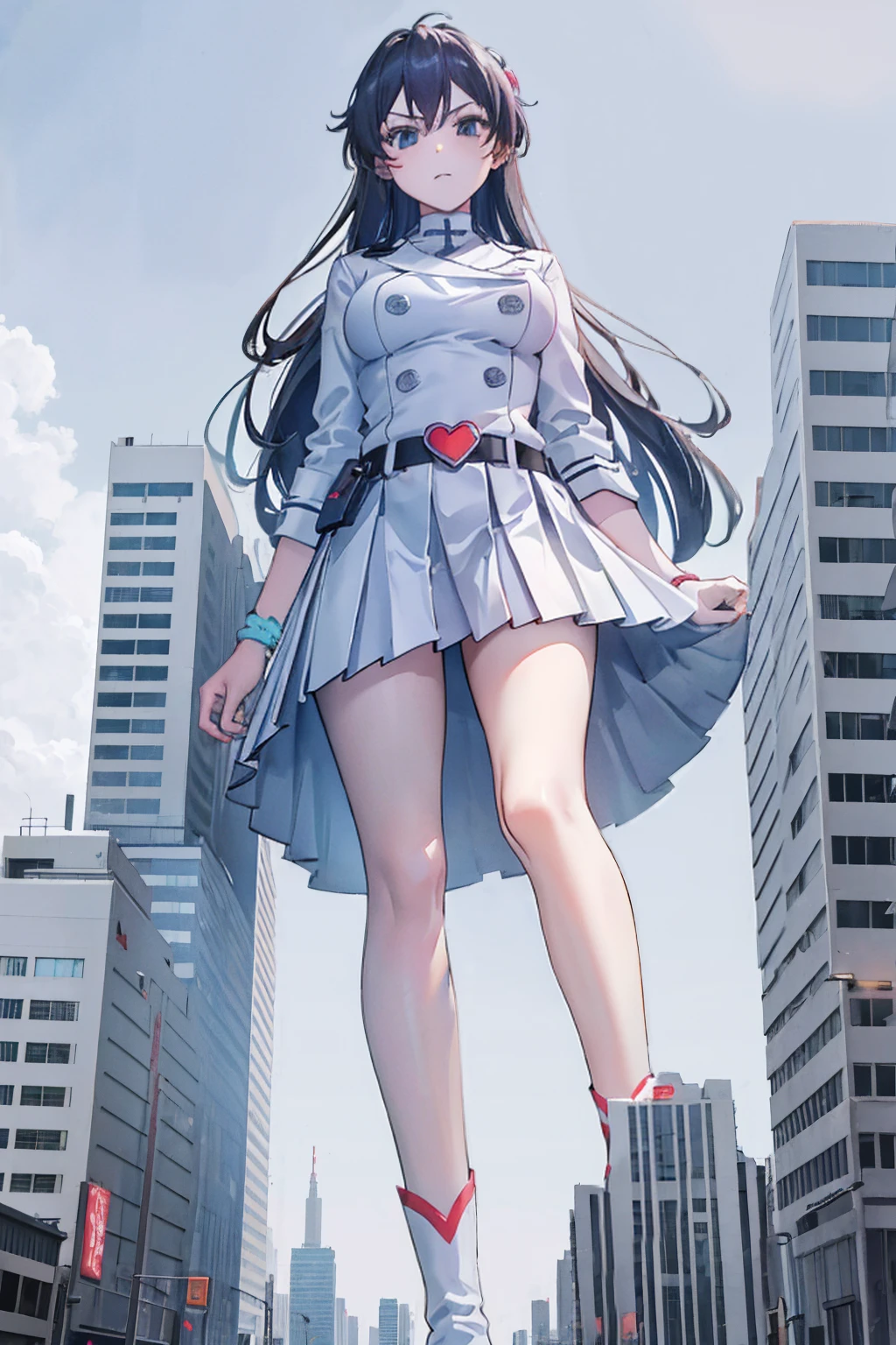 Girl taller than the building，from below, round and large eyes、tallgts,giantess，Full body photo，BuildingSeat, white uniform，Big breasts，pencil skirts，，white boots，cleveage of the breast、a miniskirt、Modern miniature buildings、top-quality、Watercolor style、stomping