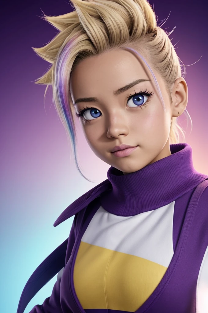Captura de pantalla de my hero Academia
Chica de pelo chino color morado, usando uniforme de porrista con cara enojada, en su cara tiene manchas ti pintura color arcoiris y un ojo color blanco y el otro ojo de color arcoiris