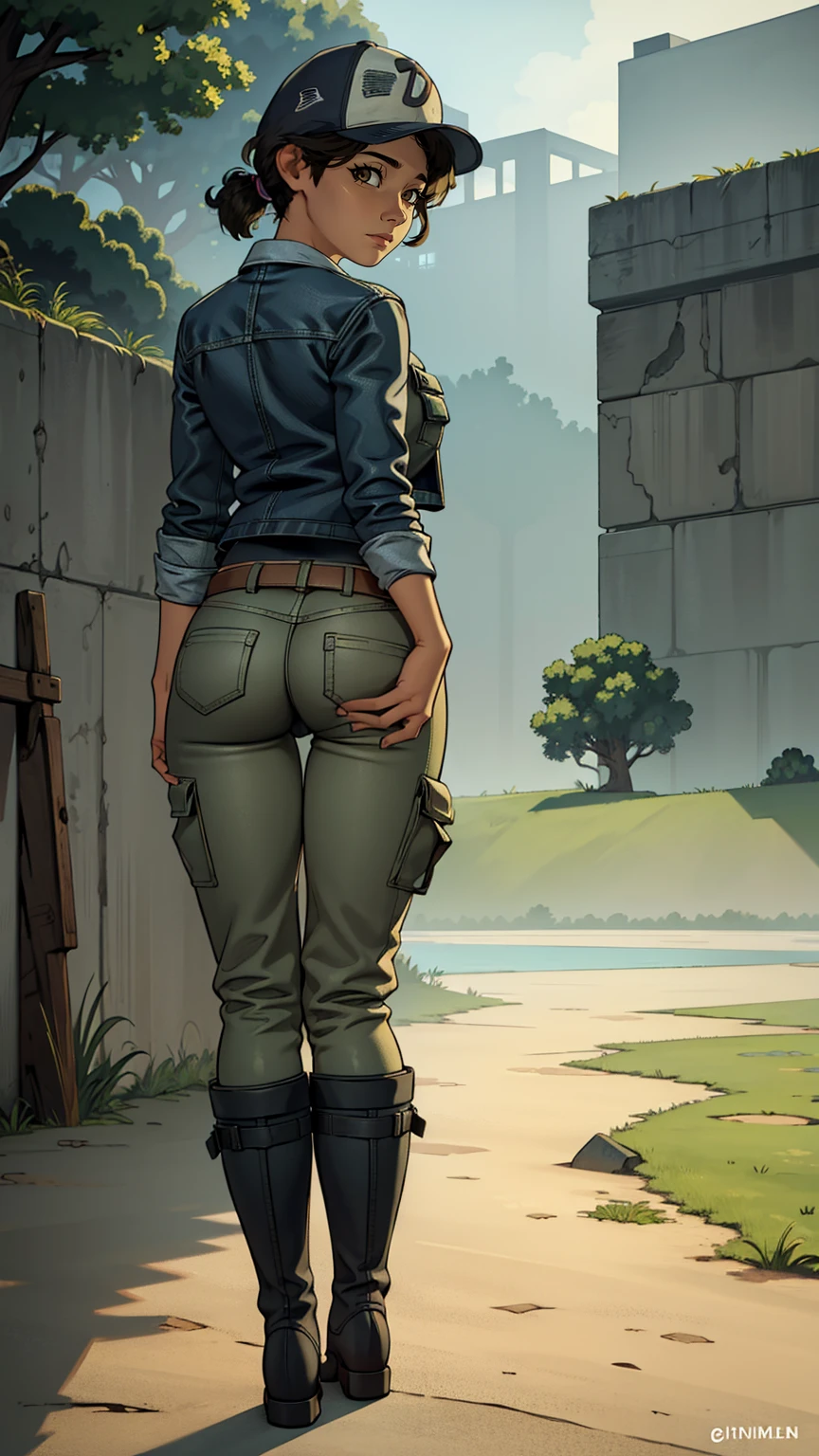 ((masterpiece, best quality)),(complex lighting) ,solo,(((1girl))) ,clementine, light skin,light-skinned female, baseball cap, green cargo pants, brown eyes, tight pants, combat boots, shirt, short hair, one short ponytail, open denim jacket, huge butt, thicc butt , (((8k))), (((full body))), (((bent over))), (((looking at the viewer))), cameltoe