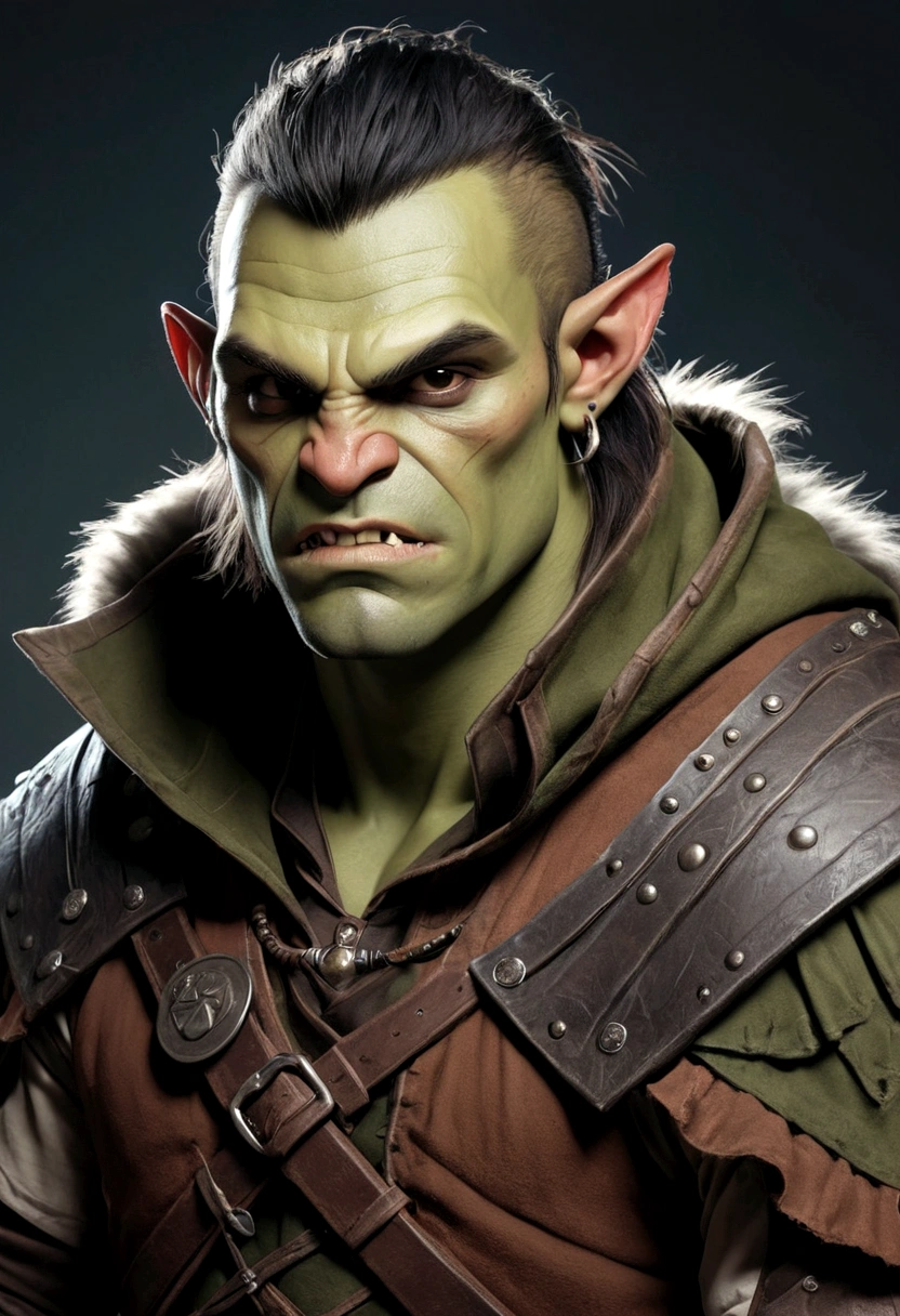 Male half-orc. greenish skin. nose piercing. sharp teeth.
D&D rogue-style cloak