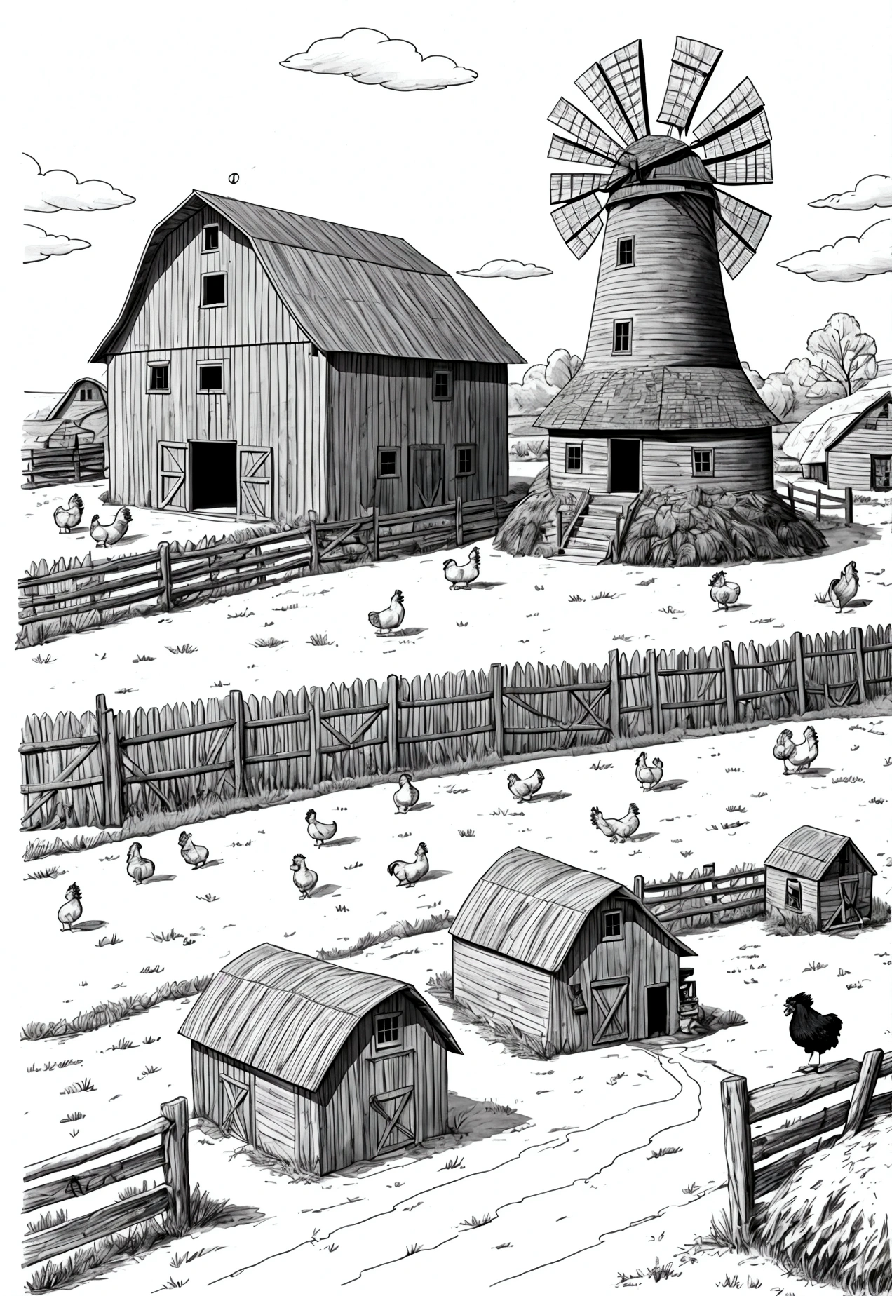 black and white, line art, cartoon character, 3d style, high-quality, coloring book, hand-draw, Rustic Barn: A classic barn with hay bales inside, a windmill in the background turning in the breeze, chickens pecking on the ground, and a rooster crowing on a fence post.