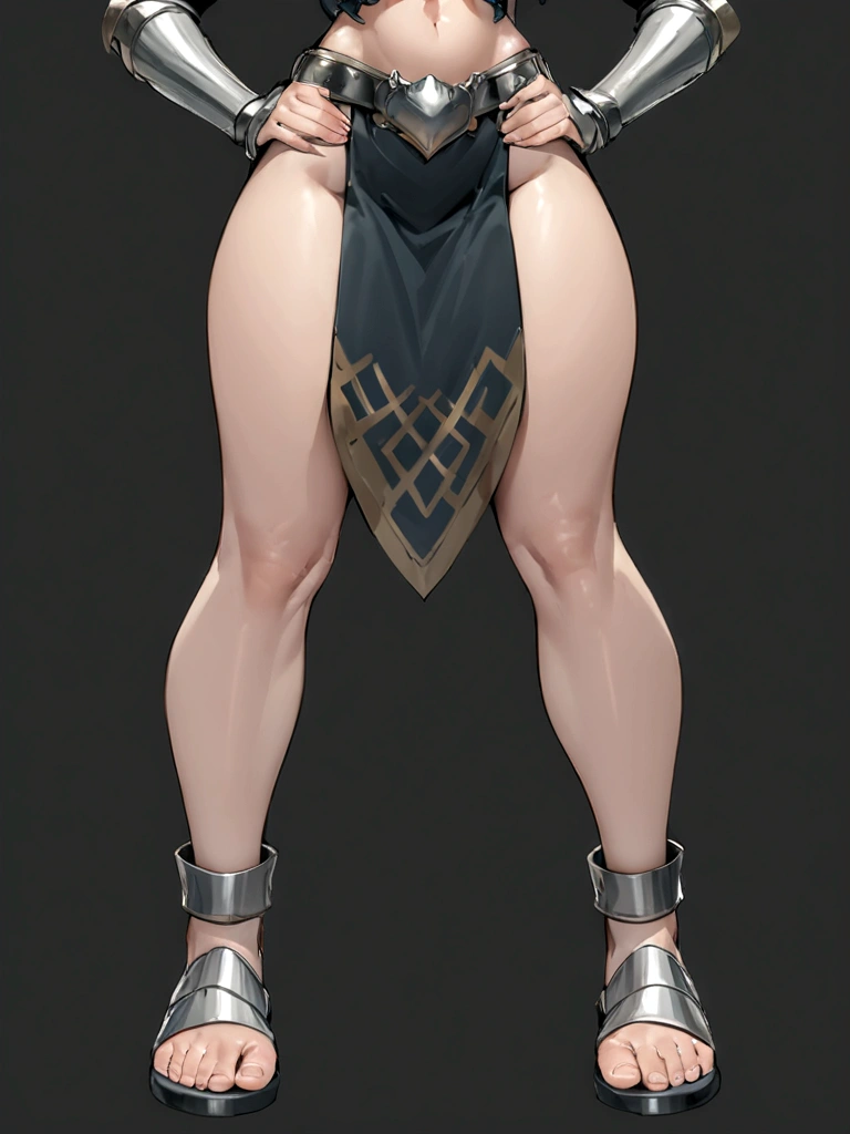 ((BLACK BACKGROUND,1:2, masterpiece)), full body MILF BIMBO standing with two long thighs and two metal sandals, full body, whole body, 1solo, loincloth standing, hands on hips, metal sandals, choker, big belt, view from below, feet together, bracers, tiara)