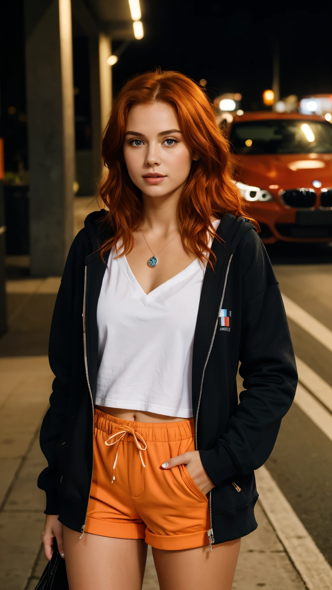 (((Masterpiece))), 25-year-old Caucasian French girl with shoulder-length messy red hair, adorned with an orange crystal glow, blooming hair akin to a royal . Captured in the best quality, this illustration serves as a 4K wallpaper, Dressed in a hoodie, very short black shorts, she sits in a parking lot, holding a bottle of car chemicals in her hand, it's night, behind her stands a black BMW,  she is leaning against a rim. Night