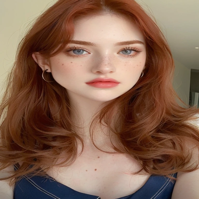 Un primer plano de una mujer con el pelo rojo y un vestido azul, pelo rojo y rasgos atractivos, con pale skin, pale skin suave natural, pale skin, suave e impecable, pelo pelirrojo con pecas, cabello pelirrojo suelto, pelo rojo y pecas, soft and pale skin, katherine mcnamara inspirada, pale skin y brillante, pelo rojo suave, pelo ondulado de jengibre, Sofia Turner, pecas suaves