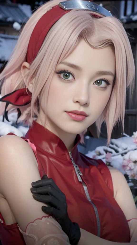 1 girl, (8K, RAW photo, best quality, Artwork:1.2), (ultra high resolution:1.0),detailed illustration, (real person,fashion photography,portrait,photography), detailed, detailed beautiful skin, (realistic, photo-realistic:1.37), SakuraNS, Alone, professional lighting, pink dress with flower), Village, East Asian architecture, trees, Village hidden in the leaves background,looking_at_viewer, smile, flower on forehead,Red_hair band,pink hair ,green eyes,mita,fingerless shoes,kunai,face mark,konohagakure symbol,fighting_position,fence,ninja,adjusting gloves,sleeveless,cleavage