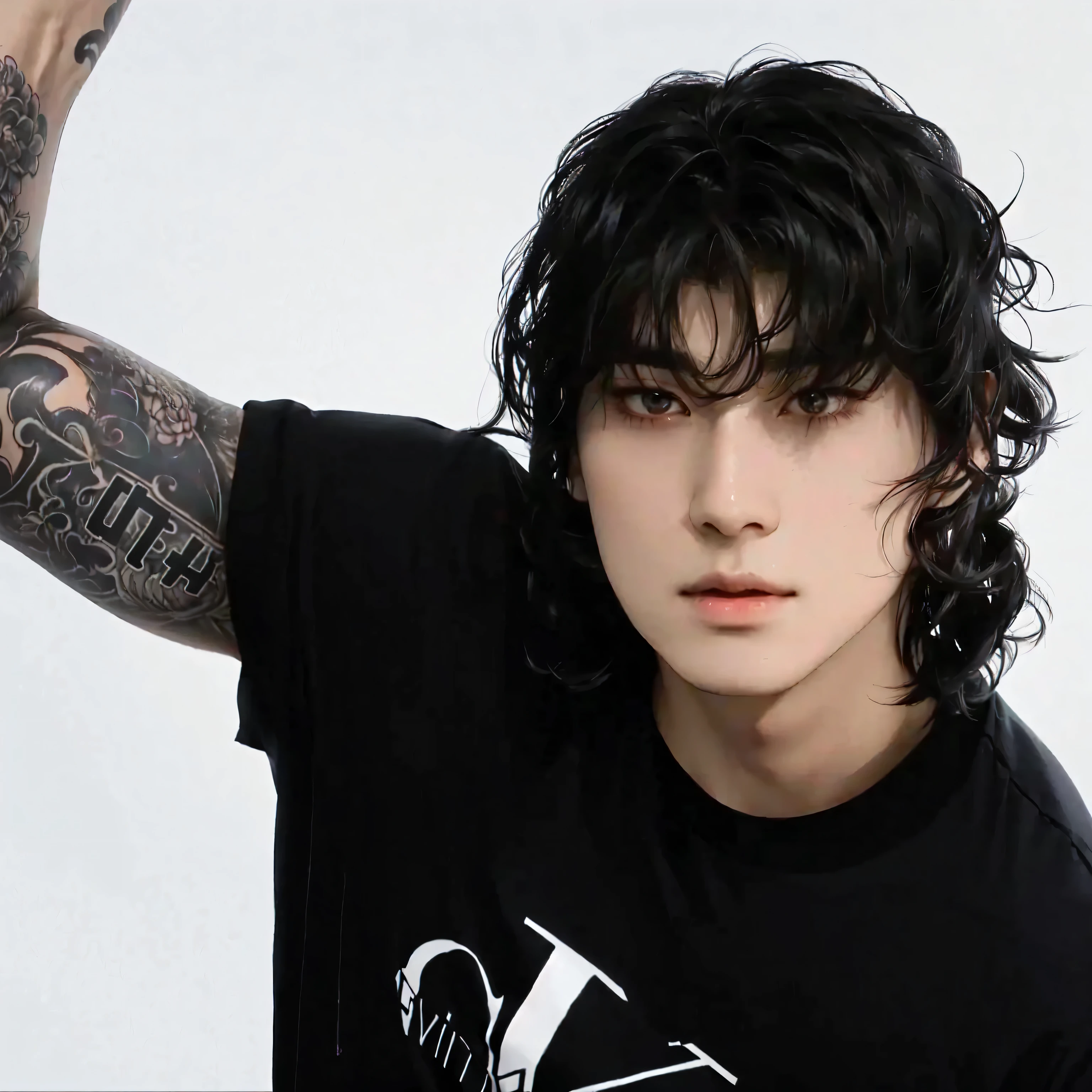 fit man with a tattoo on his arm and a black shirt, Cai Xukun, Wonbin Lee, inspirado em Yanjun Cheng, Jungkook, Yoongi de cabelo preto, Jinyoung Shin, cute japanese demon boy, Sui Ishida com cabelo preto, inspirado em Yukihiko Yasuda, taejune kim, hyung tae, Hong junho hyung, inspirado em Kun Can