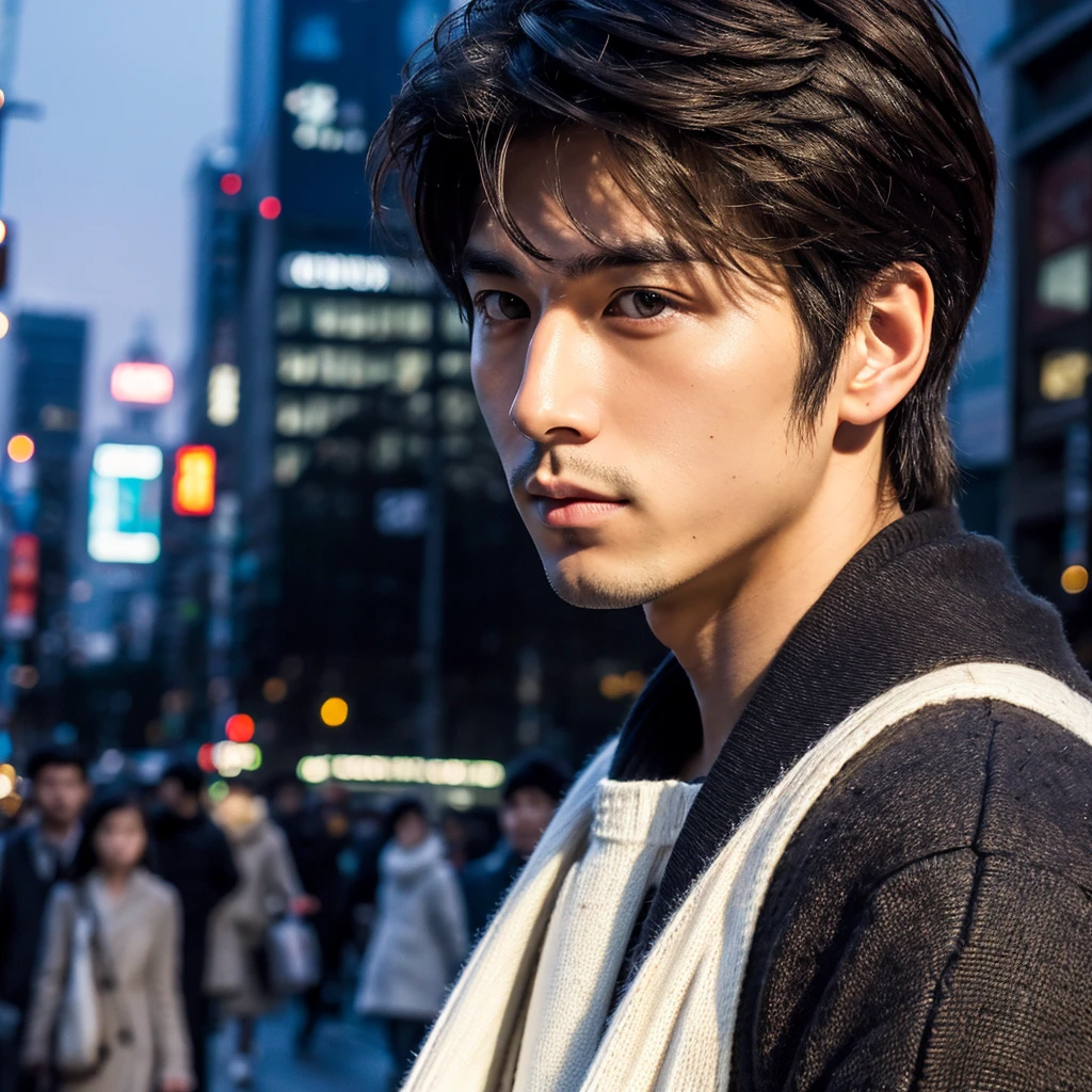 Photorealistic, 8K full-body poster, Beautiful Boy, Japanese, 25-year-old male, Stern expression, Attractive look, Detailed facial details, Tokyo, Winters, Shibuya in the background