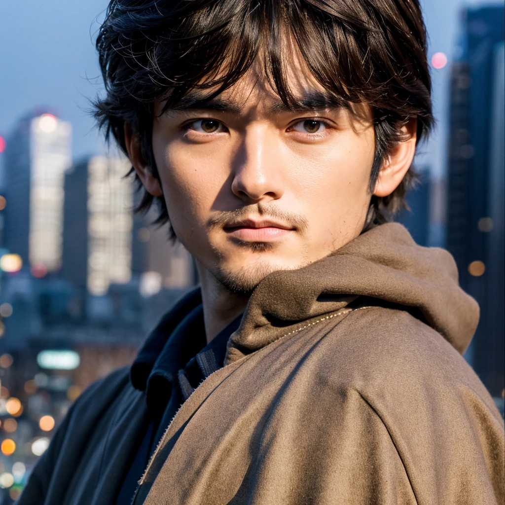 Photorealistic, 8K full-body poster, Beautiful Boy, Japanese, 25-year-old male, Stern expression, Attractive look, Detailed facial details, Tokyo, Winters, Shibuya in the background