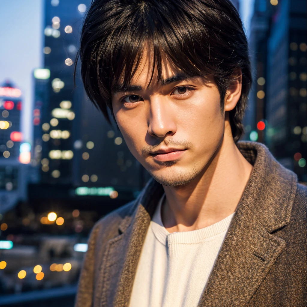 Photorealistic, 8K full-body poster, Beautiful Boy, Japanese, 25-year-old male, Stern expression, Attractive look, Detailed facial details, Tokyo, Winters, Shibuya in the background