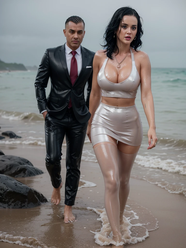 Beautiful wet Katy Perry in a short dripping wet latex grey Business skirt suit, necklace, earrings and lipstick and shiny tan oily, wet pantyhose and muscular legs and very wet, oily hair walking on the beach in the massive pouring rain of a rainstorm
