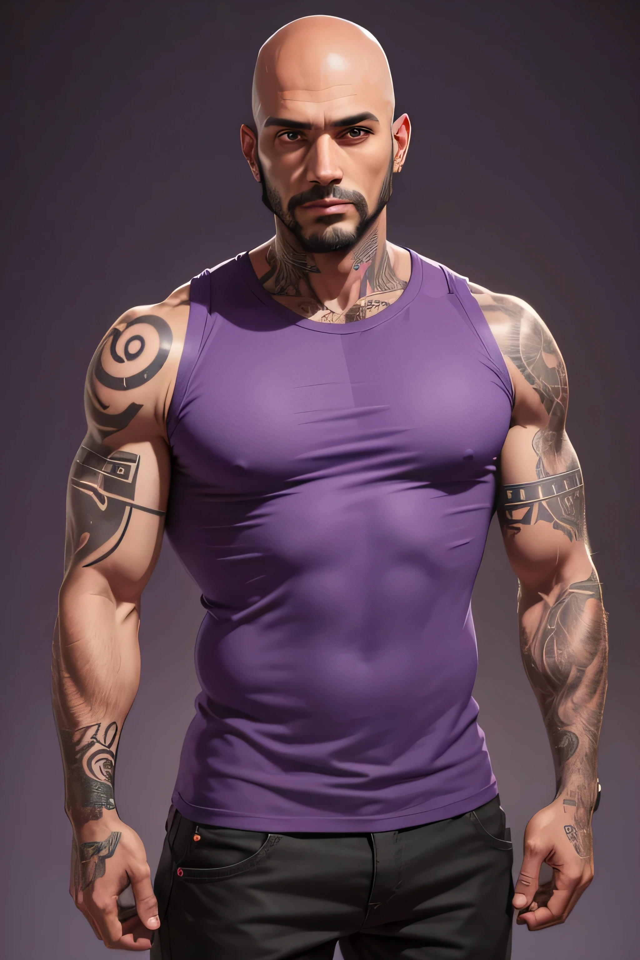Illustration, drawing of a full tattooed latino thin man, 40 years old, dressed with violet sleeveless t-shirt and dark pants. bald. Street style. Solid purple background. Work of art. Image with side margins. #3D, #illustration, #cinematic