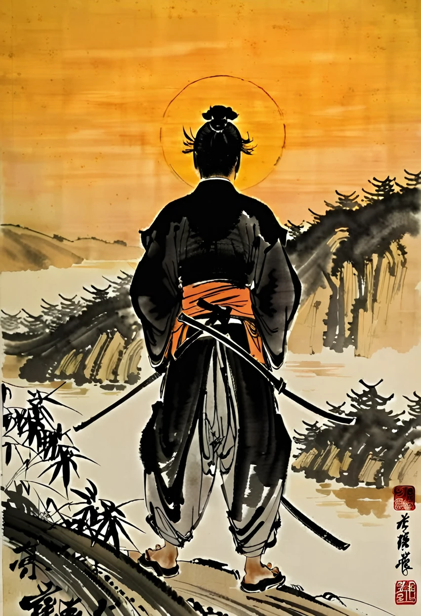 Back View, Samurai silhouette, big sunset, Chinese ink painting, traditional media, liujiyou