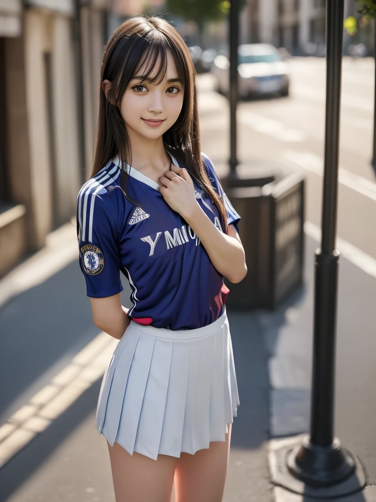 (8k, RAW Photos, Highest quality, masterpiece:1.2), (Realistic, photo-Realistic:1.4), (Highly detailed 8K wallpapers), ((Full Body Shot)), (1 girl), Sharp focus, Depth of written boundary, Cinematic lighting, Soft Light, 緻密な美しさのeye, eye_Chan, Very beautiful 17 year old girl, innocent big eyes, Realistic, photo Realistic, Highly detailed cute girl, (Thin thighs), (Model Body Type), 18-year-old, (((Chelsea Soccer Jersey))), ((Micro Mini Tight Skirt)), (((Fold your arms in front of your chest and act arrogantly))), ((A happy smile)), Parted lips, Watching the audience, (On the streets of Britain) , (Brown Hair),（Short Bob Hair), (Asymmetrical bangs)
